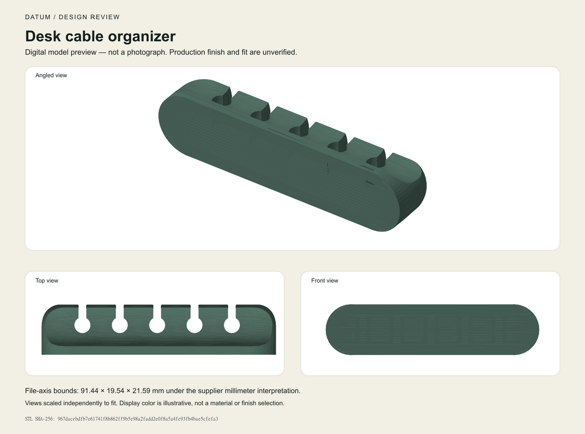 Exact STL-derived cable-organizer geometry reference with angled, top and front views. Digital illustration, not a photograph; color is illustrative, production finish and fit unverified.