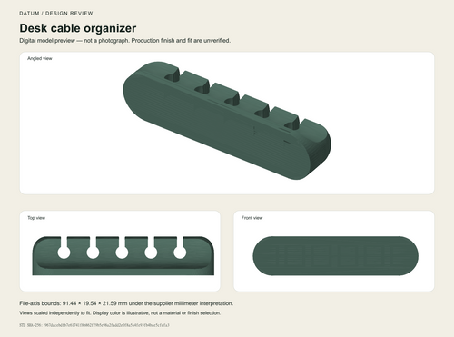 Exact STL-derived cable-organizer geometry reference with angled, top and front views. Digital illustration, not a photograph; color is illustrative, production finish and fit unverified.