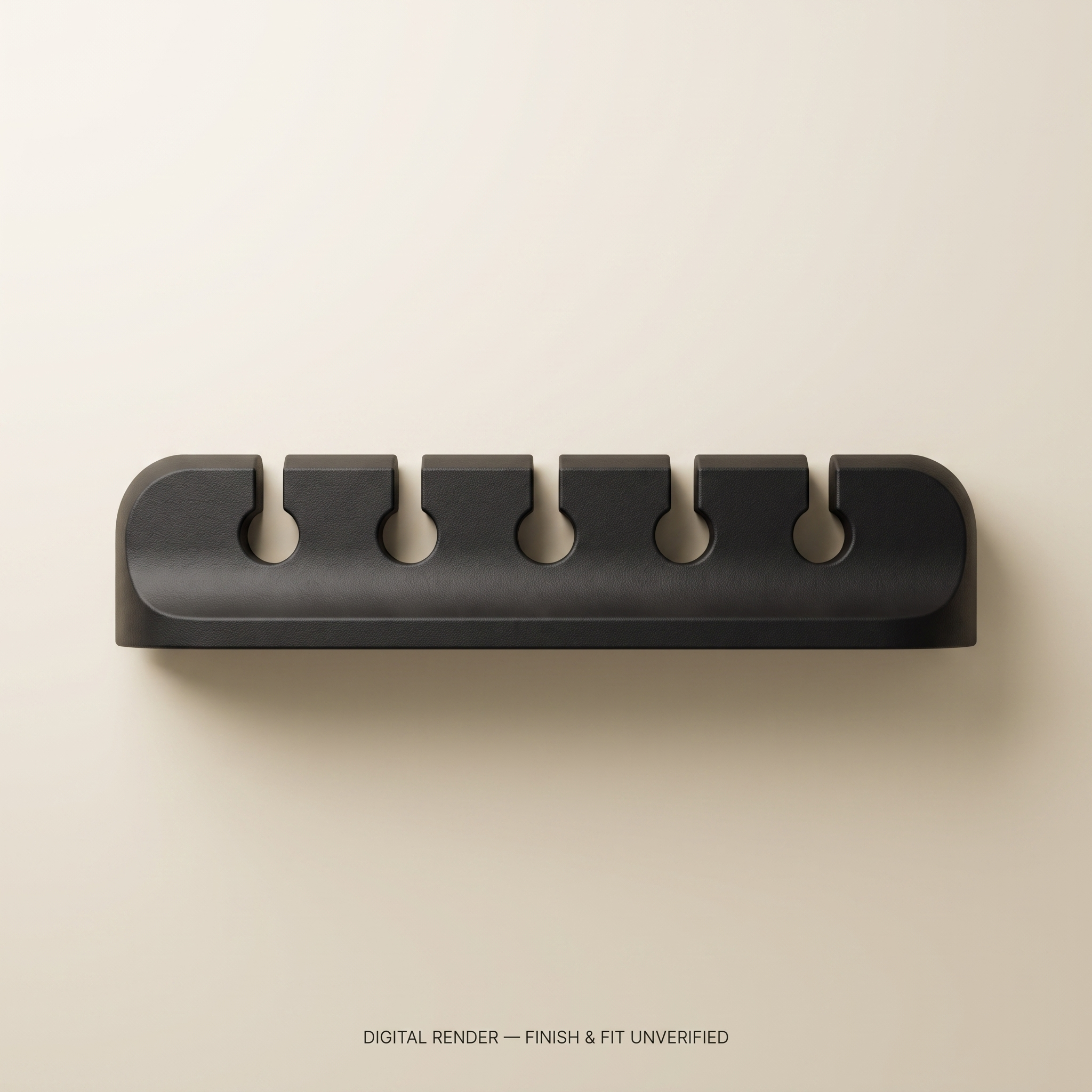 AI-assisted digital render of the cable organizer, overhead view. Illustrative black finish; not a product photograph. Production finish and fit unverified.